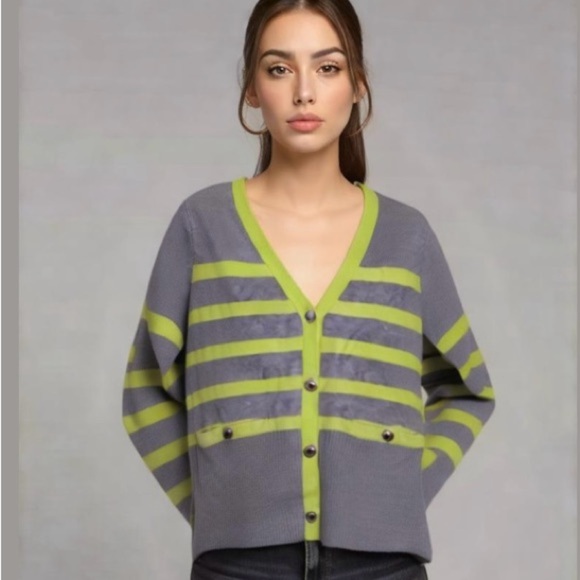 NWT Rachel Zoe Stripe Silver Button Cardigan S Grey Green - Picture 1 of 10